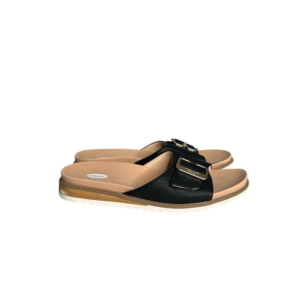 Dr. Scholl's Black and Tan Slide Sandals with Buckle Detail